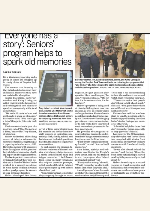 Times and Transcript story about One Memory at a Time